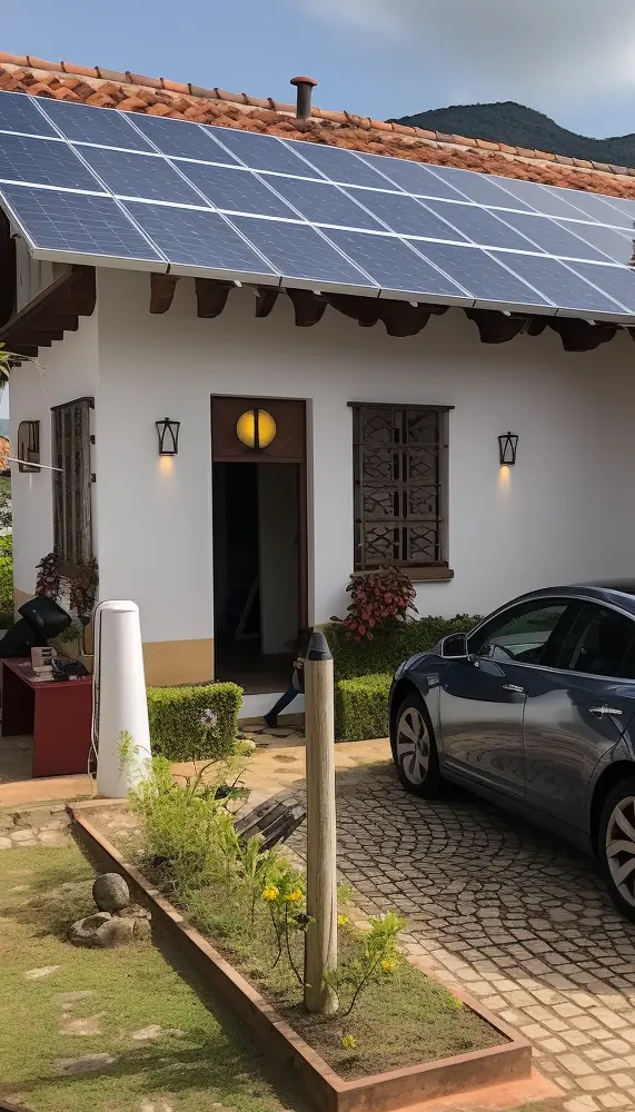 Painel solar recarregando vehiculo elétrico